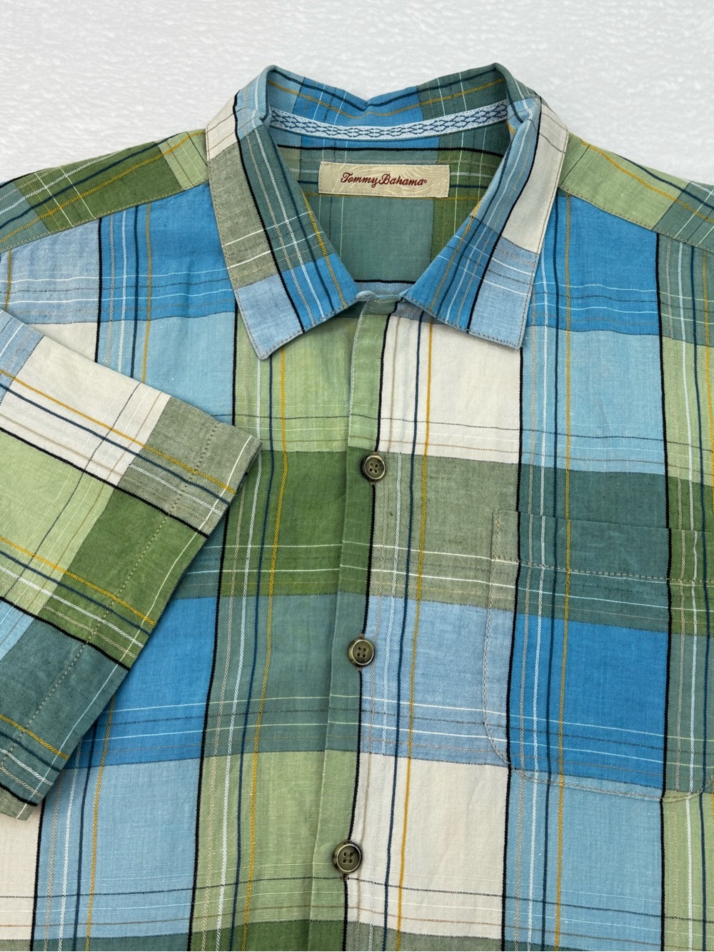 Tommy Bahama Men's Large Short Sleeve Button Down Blue Green Linen Resortwear